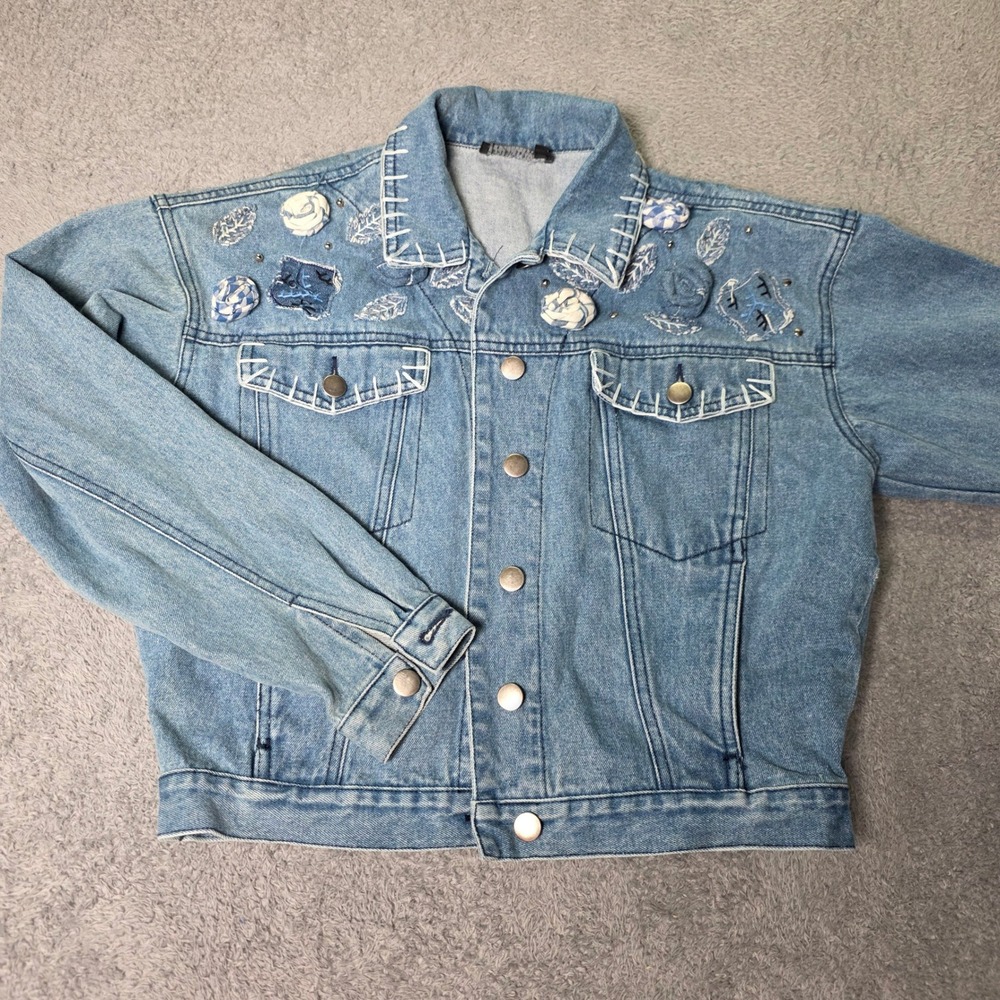 Carole Little Womens 4 Denim Jacket Blue Embroidered Floral Whipstitch Artsy 90s